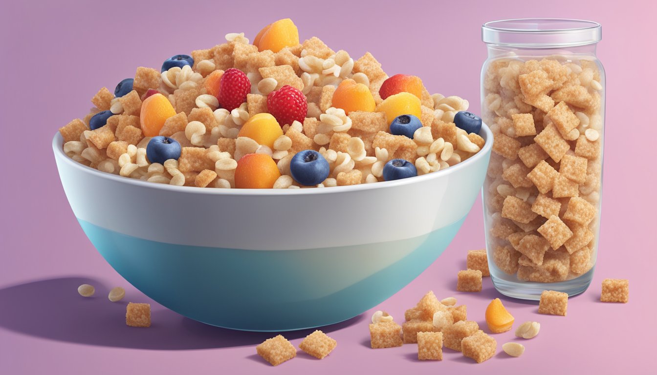 A bowl of Chex cereal with fresh fruit and nuts on top, next to a bowl of Rice Krispies with sugary toppings