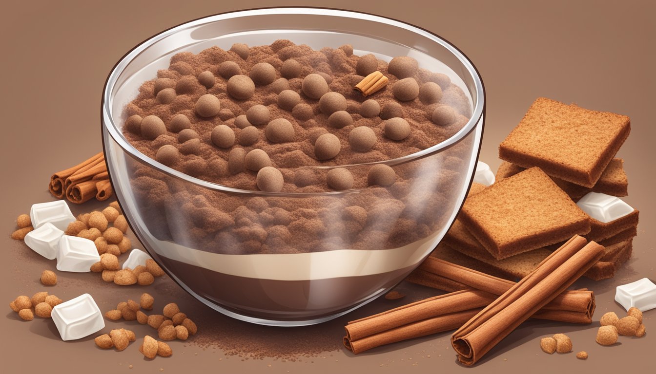 A bowl of cinnamon toast crunch and cocoa puffs side by side, surrounded by scattered ingredients like cinnamon sticks and cocoa powder