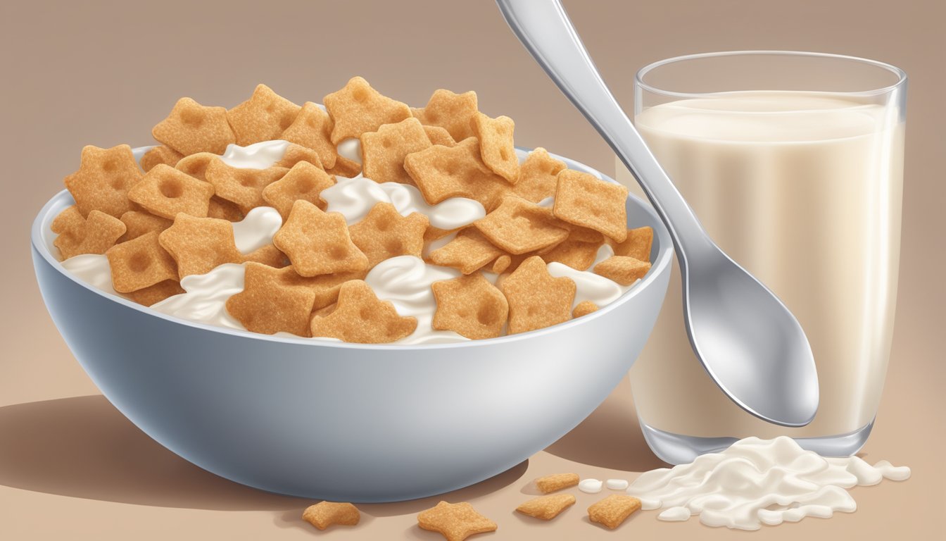 A bowl of cinnamon toast crunch and frosted flakes side by side, surrounded by milk and a spoon