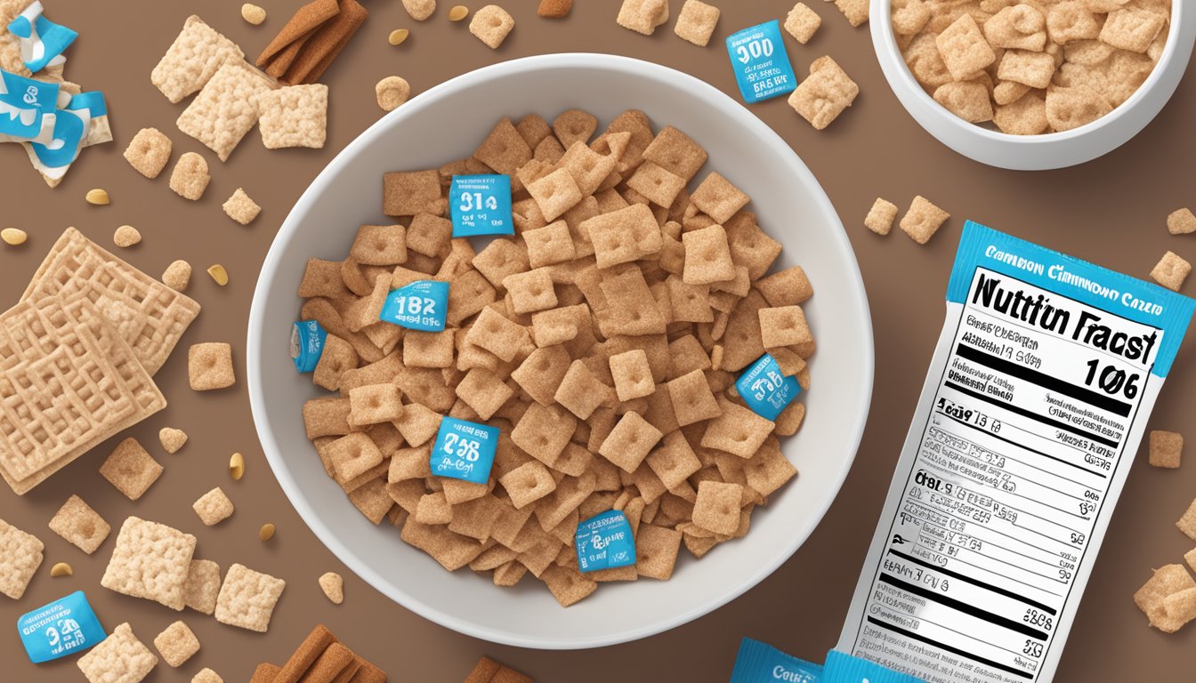 A bowl of cinnamon toast crunch and cocoa krispies surrounded by nutritional information labels and a measuring tape