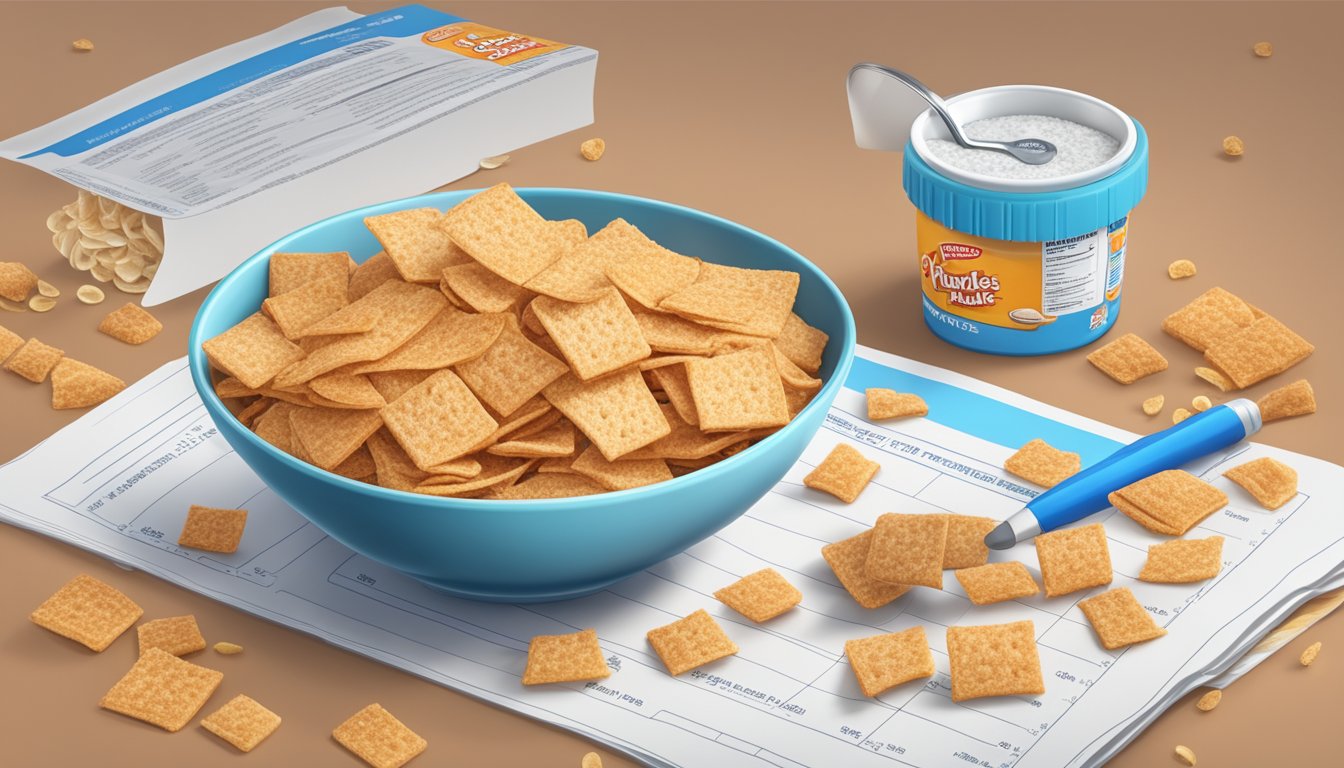 A bowl of cinnamon toast crunch and frosted flakes side by side, with a measuring tape and nutritional information in the background