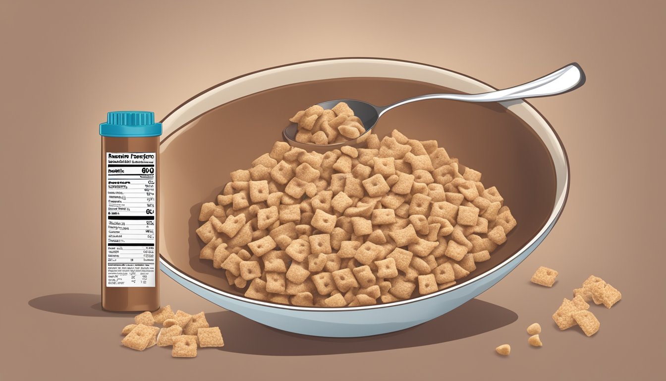 A bowl of Cinnamon Toast Crunch and Cocoa Krispies side by side, surrounded by nutritional labels and a measuring tape