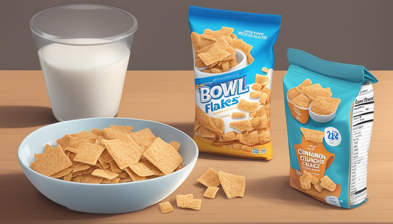 A bowl of cinnamon toast crunch and frosted flakes side by side on a table, with a measuring tape and a nutrition label next to them