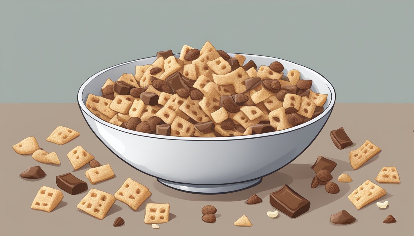 A bowl of cinnamon toast crunch and count chocula cereal with nutritional labels and ingredients scattered around