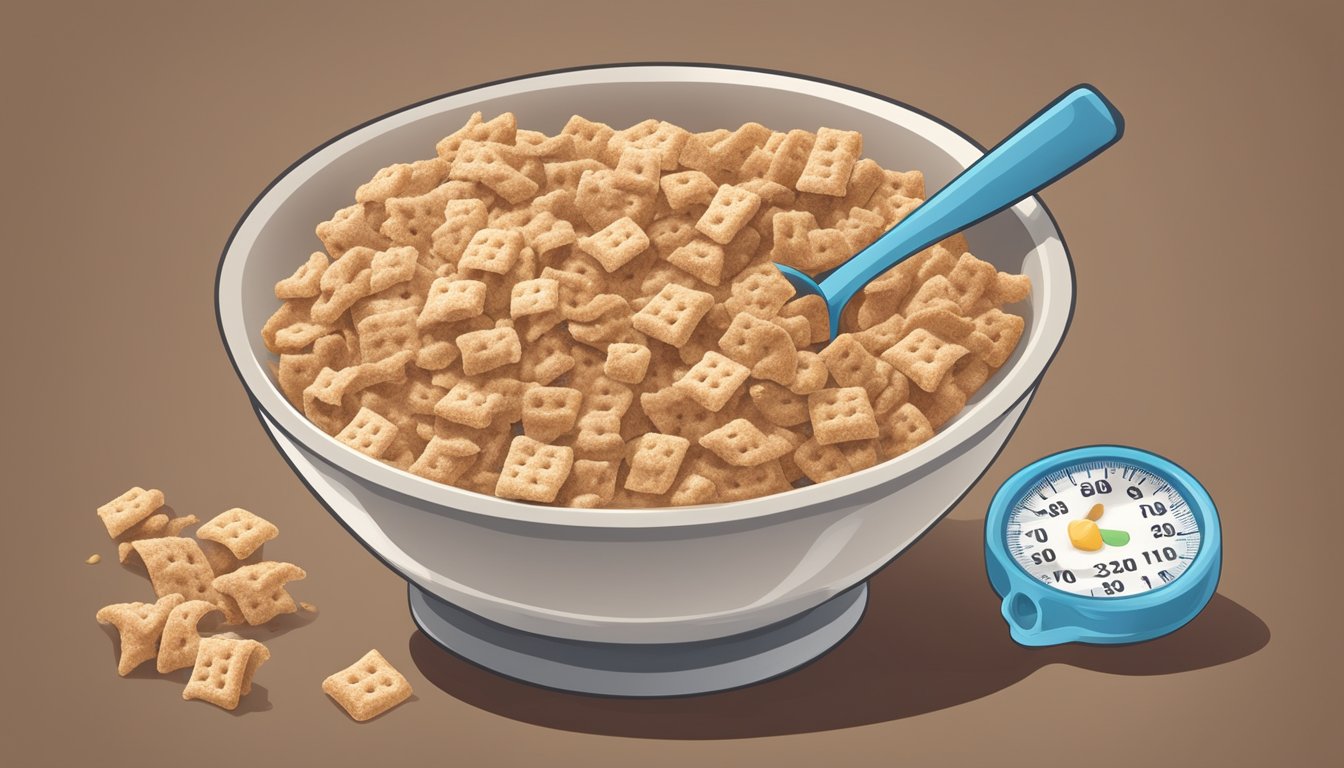 A bowl of cinnamon toast crunch and cocoa krispies with a measuring tape and nutritional labels