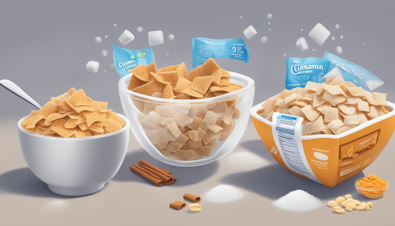 A bowl of cinnamon toast crunch and frosted flakes side by side, surrounded by measuring cups of sugar and nutritional labels