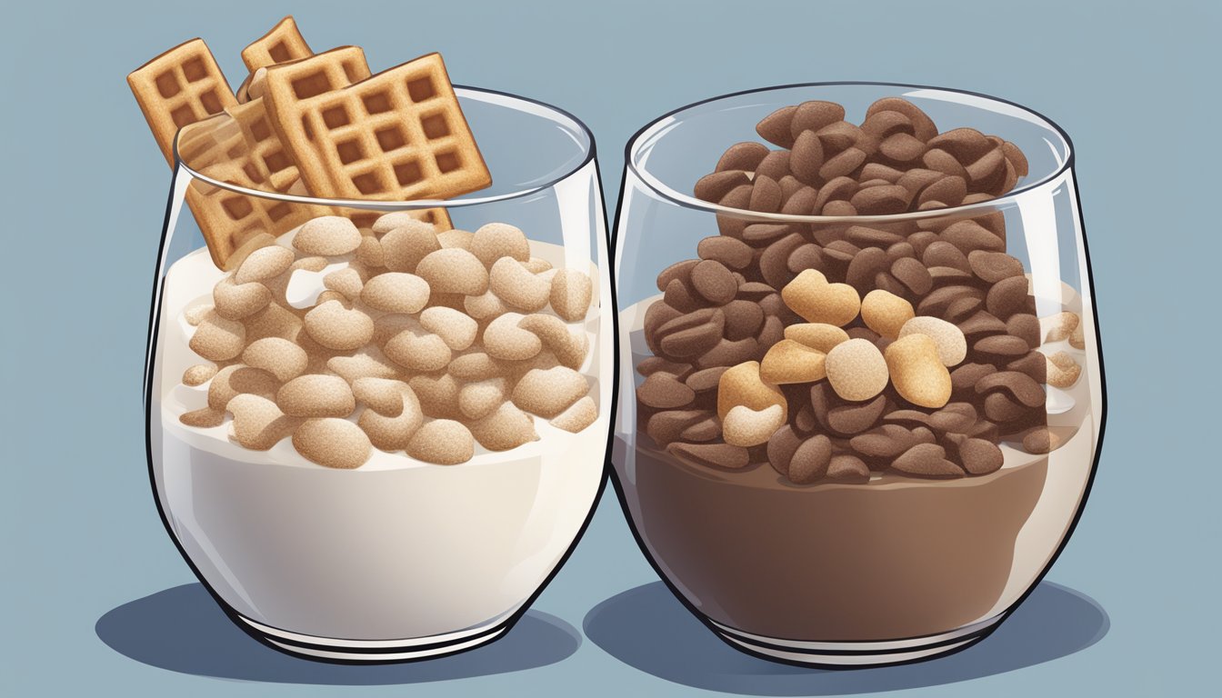 A bowl of cinnamon toast crunch and count chocula cereal side by side, with a glass of milk next to them