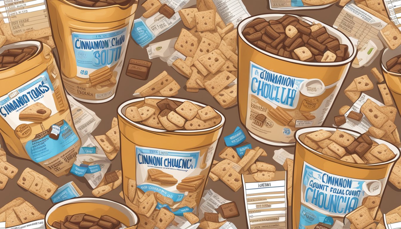 A bowl of Cinnamon Toast Crunch and Count Chocula side by side, surrounded by nutrition labels and a measuring tape