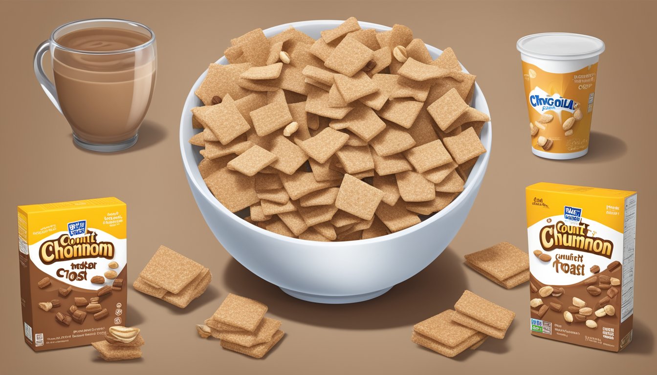 A bowl of Cinnamon Toast Crunch and Count Chocula cereal boxes next to a nutrition label comparison chart