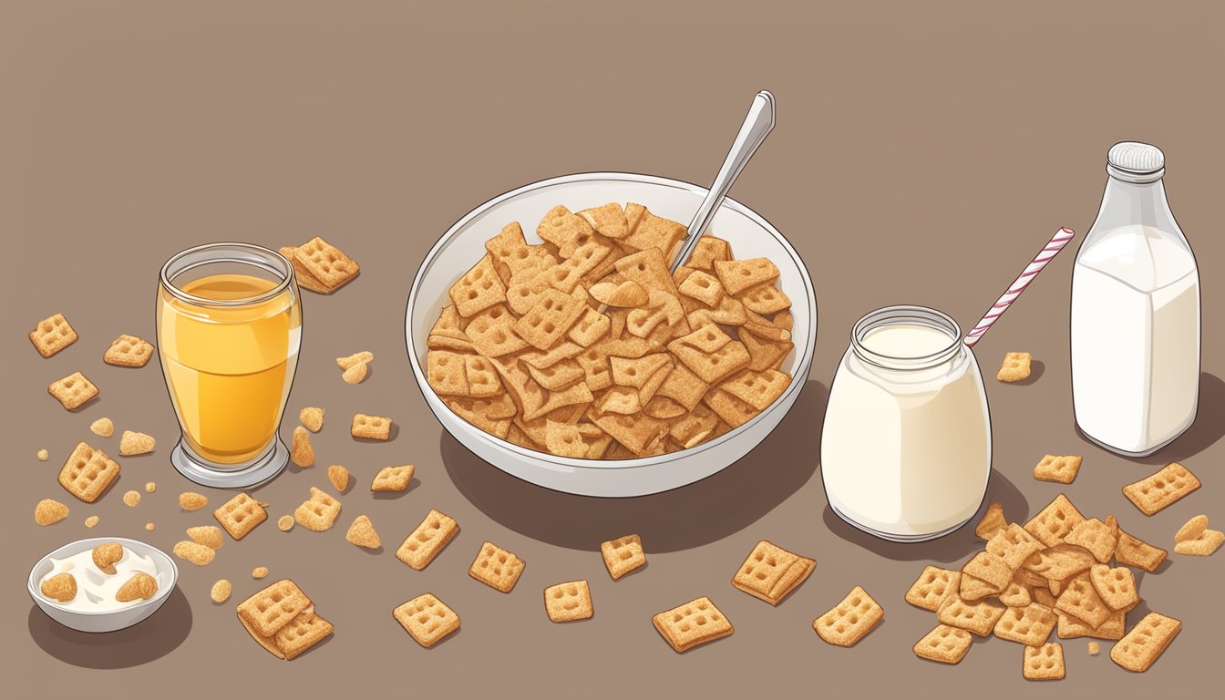 A bowl of cinnamon toast crunch and honey ohs with milk, surrounded by scattered cereal pieces and a measuring tape for comparison