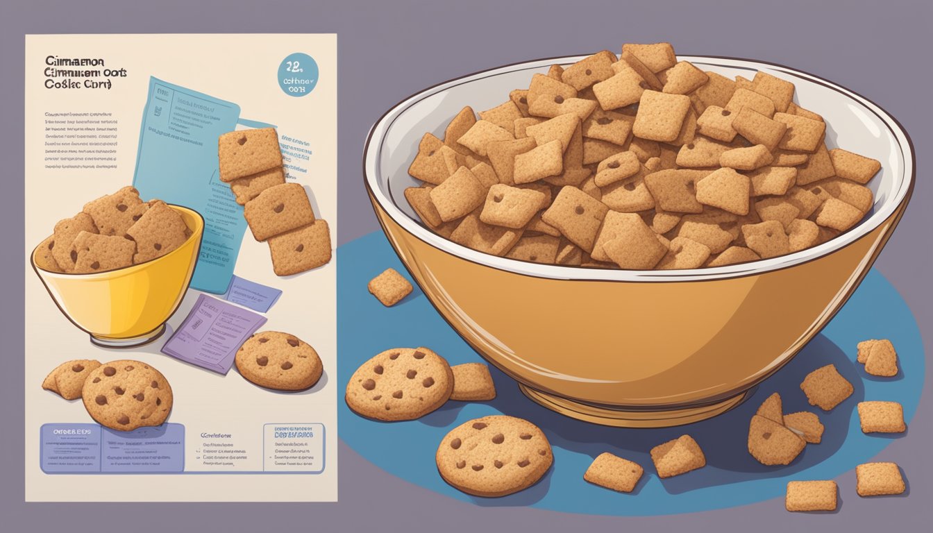 A bowl of cinnamon toast crunch and a bowl of cookie crisp side by side, surrounded by nutritional information labels