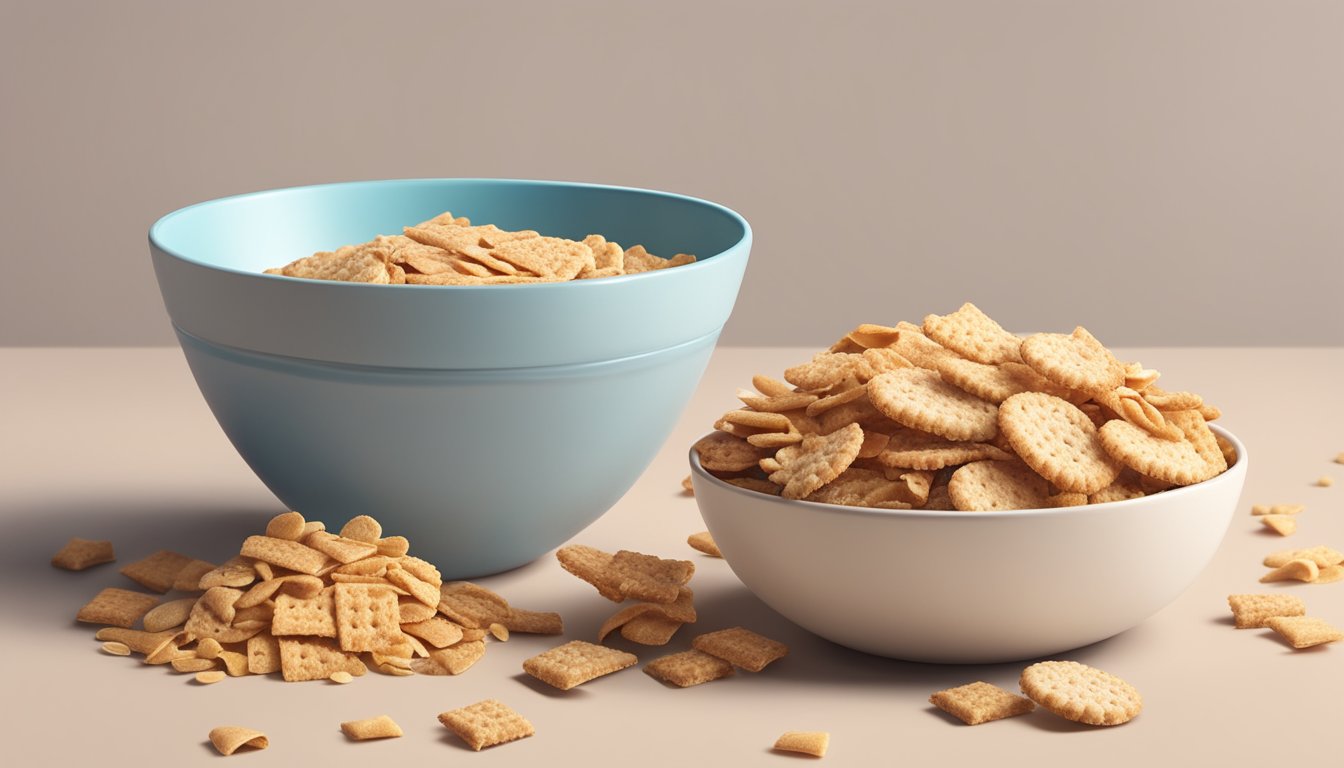 A bowl of Cinnamon Toast Crunch and Cookie Crisp side by side, surrounded by scattered cereal pieces and a measuring tape