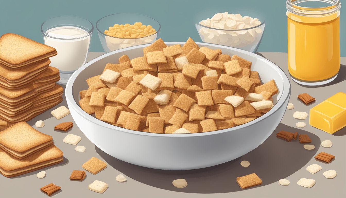 A bowl of cinnamon toast crunch and honey ohs side by side, surrounded by measuring cups and nutritional information labels