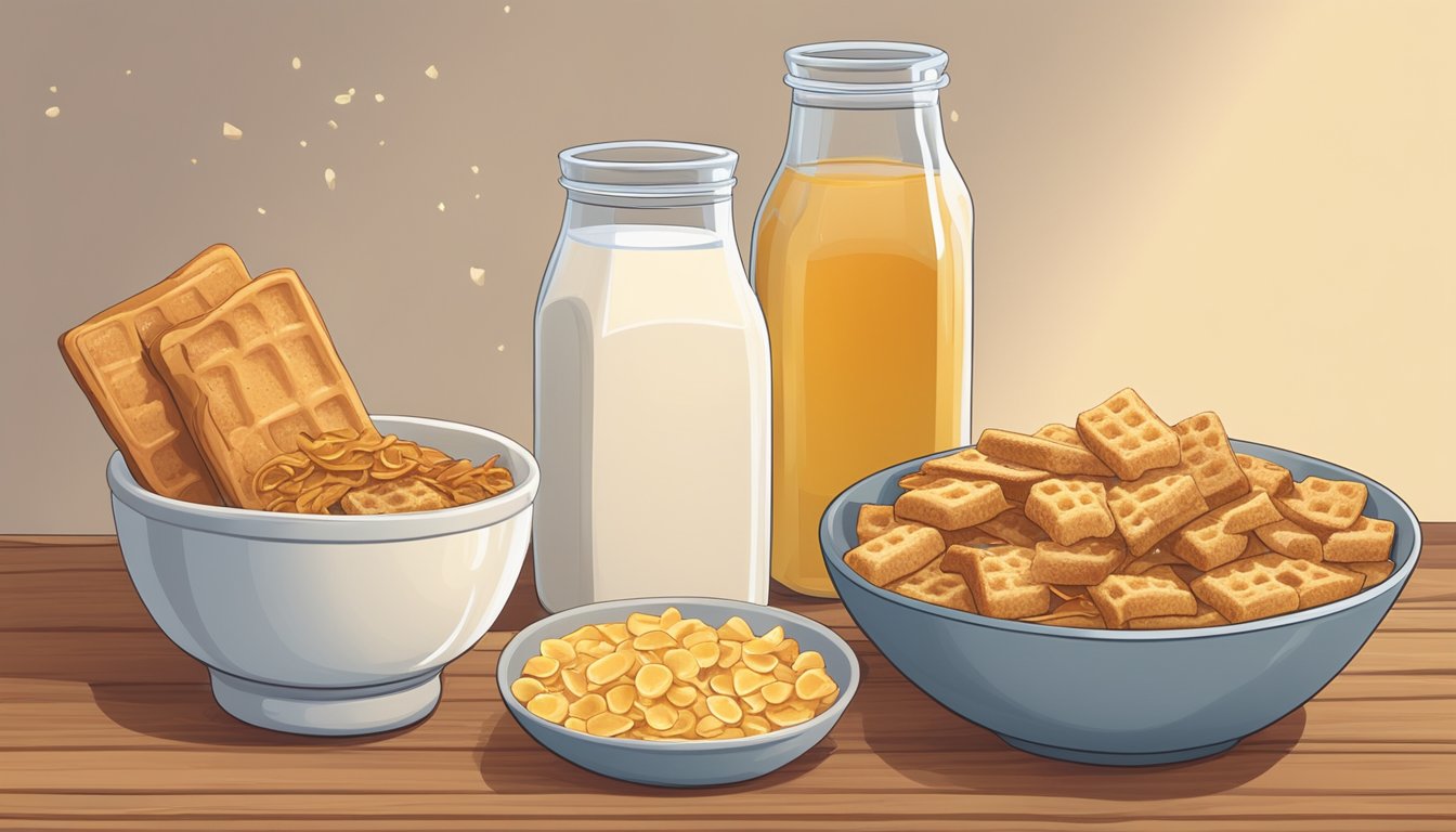 A bowl of Cinnamon Toast Crunch and Honey Ohs next to each other on a wooden table, surrounded by scattered cereal pieces and a milk carton