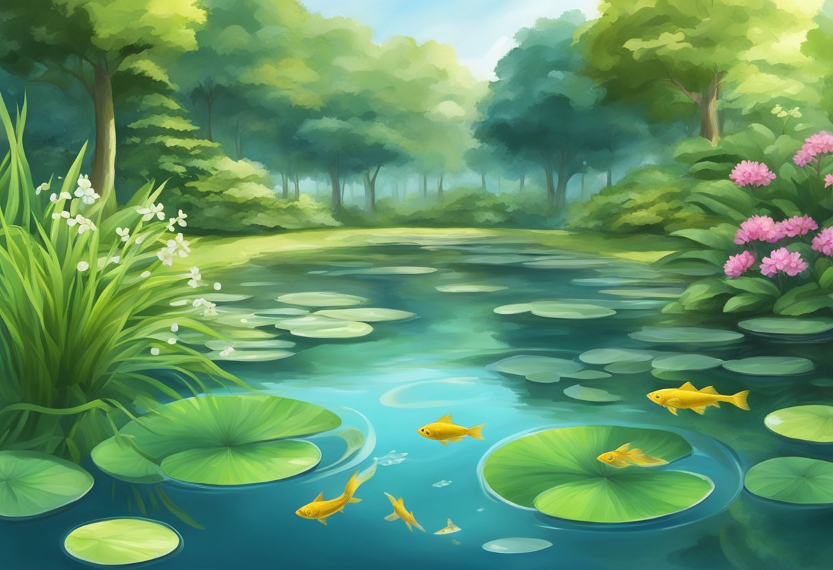 A serene garden pond with lush green plants and a small school of sterlet fish swimming gracefully in the clear water