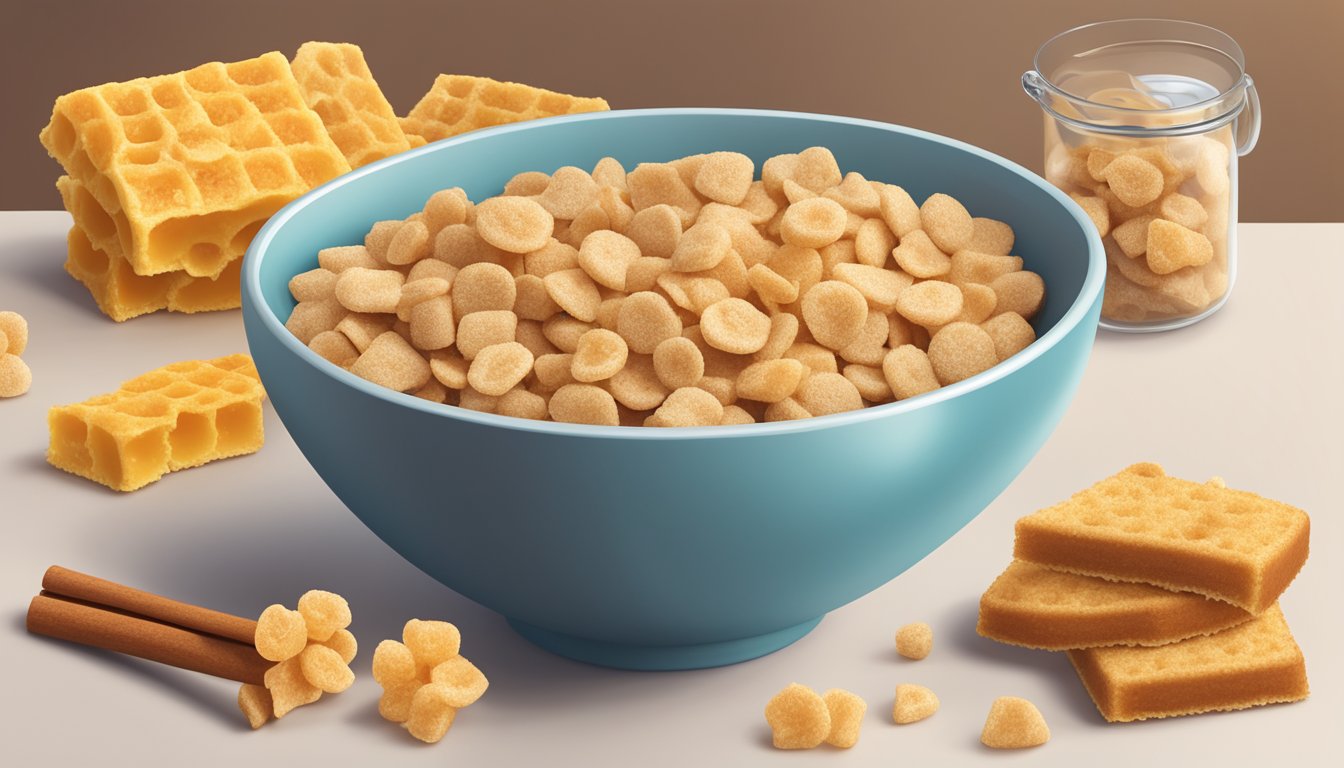 A bowl of cinnamon toast crunch and honeycomb cereal next to each other, with a measuring tape and a nutrition label in the background