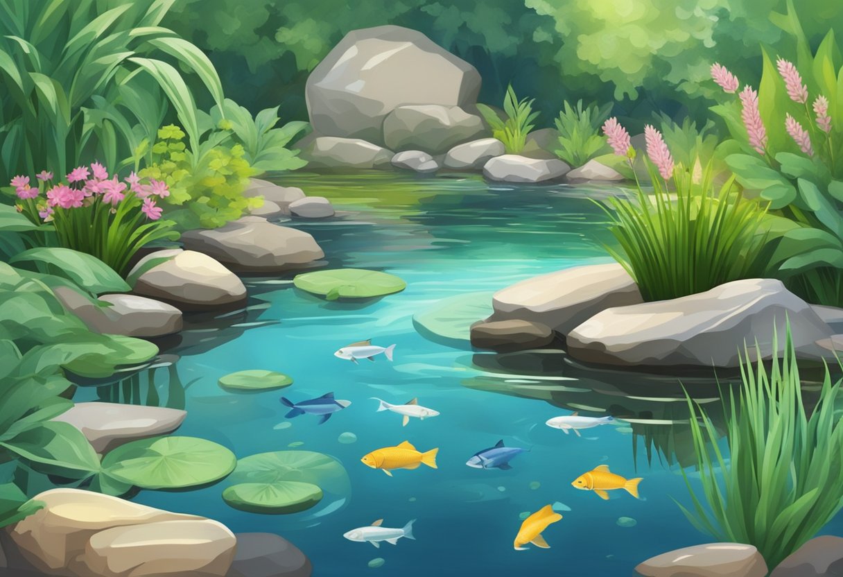 A garden pond with clear water, aquatic plants, and smooth rocks. Aeration and filtration systems are present. Sterlet fish swim gracefully among the vegetation