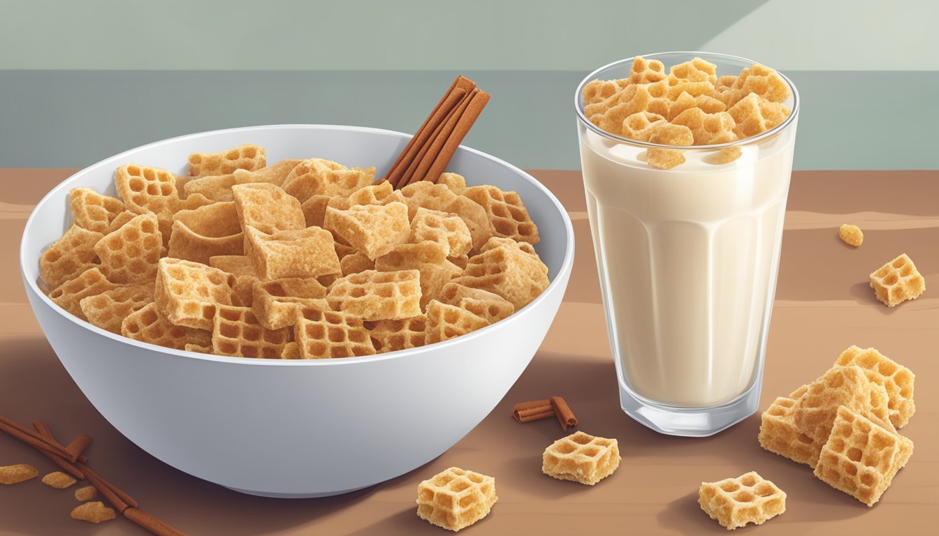 A bowl of Cinnamon Toast Crunch and Honeycomb cereal side by side, with a glass of milk in the background