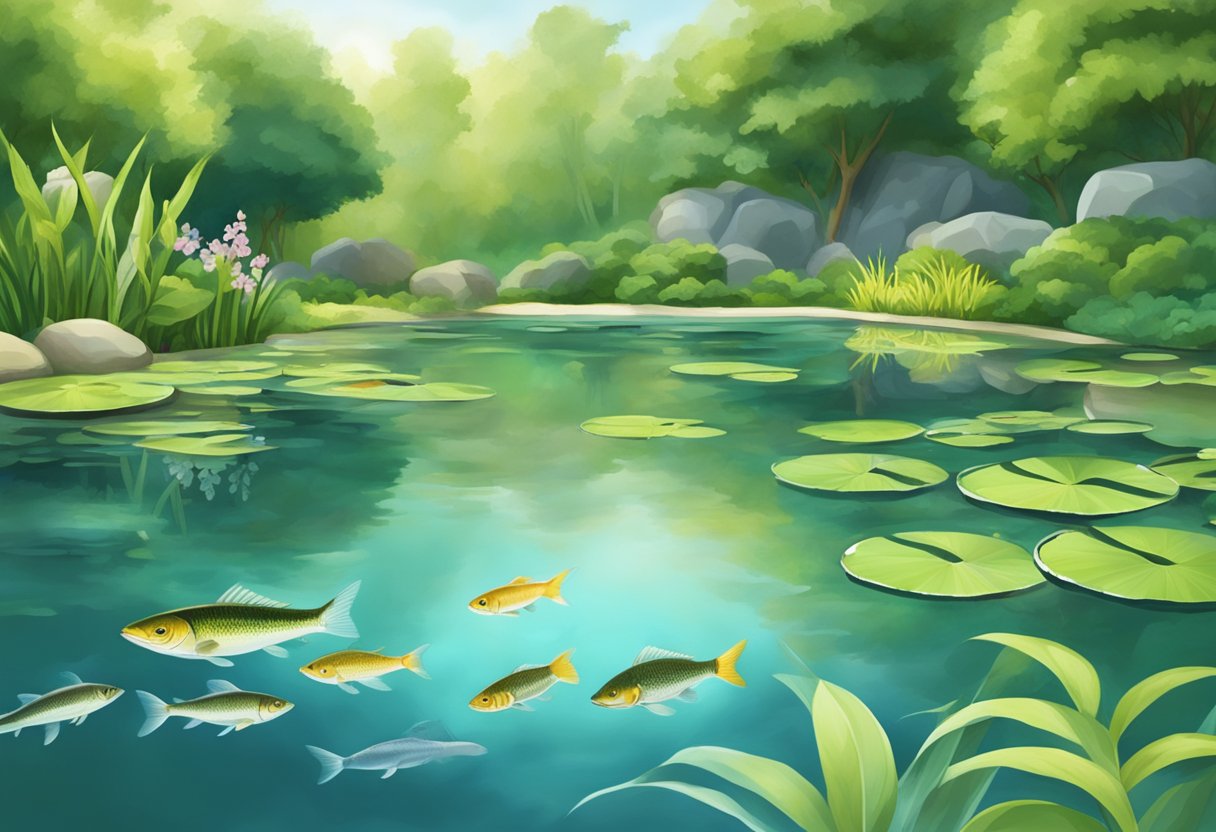 A serene garden pond with lush greenery, clear water, and a small group of sterlet fish swimming gracefully