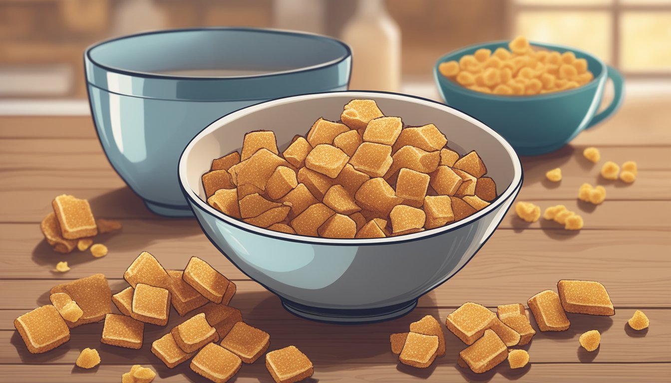 A bowl of cinnamon toast crunch and a bowl of honeycomb cereal sit side by side on a wooden table, surrounded by scattered pieces of each cereal