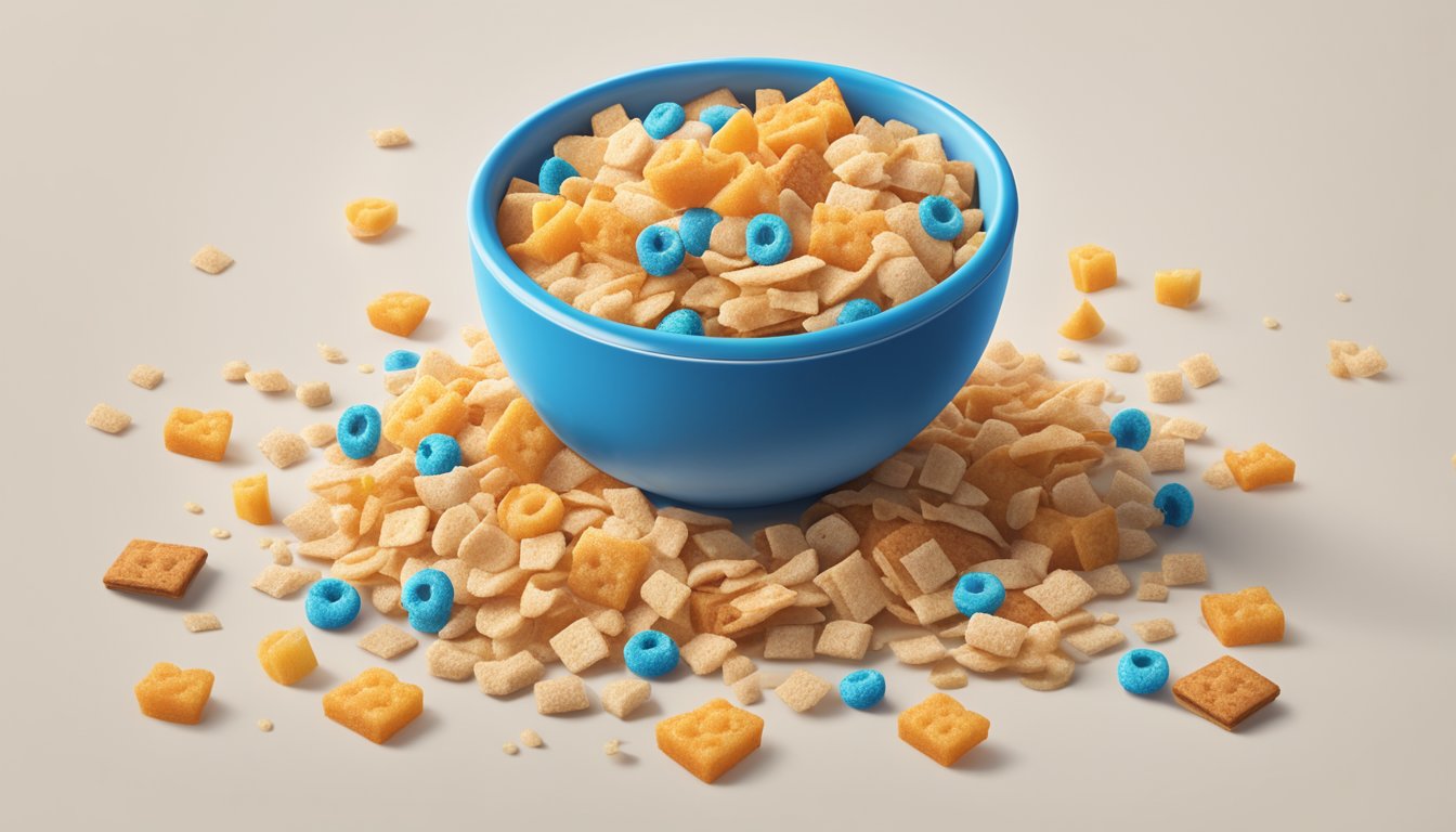 A bowl of Cinnamon Toast Crunch and Kellogg's Apple Jacks side by side, surrounded by scattered cereal pieces and milk splashes