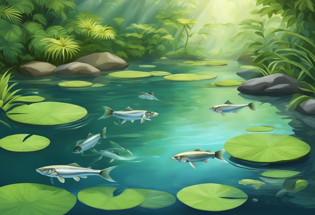 A serene garden pond with lush greenery, clear water, and a group of healthy and active Sterlet fish swimming gracefully