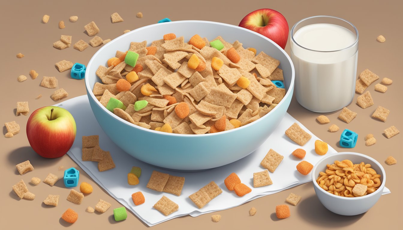 A bowl of cinnamon toast crunch and a bowl of Kellogg's apple jacks surrounded by scattered cereal pieces, with a nutritional content label next to each bowl