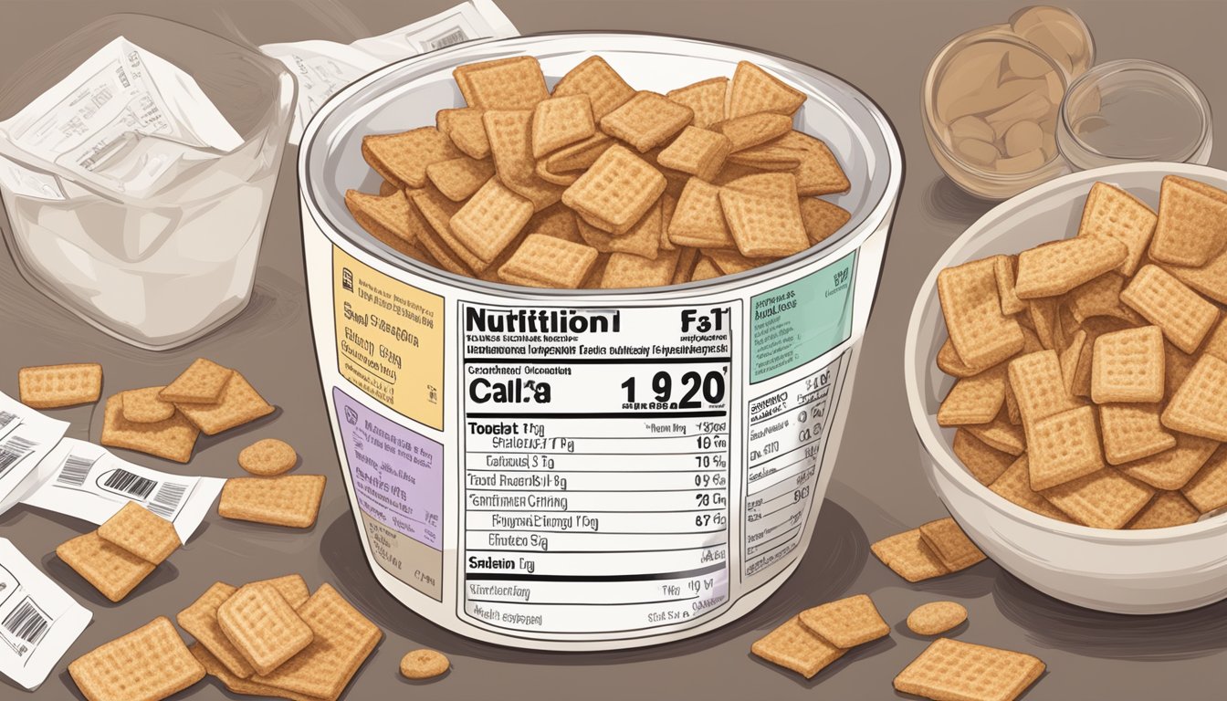 A bowl of cinnamon toast crunch and crispix surrounded by nutritional labels and a measuring scale