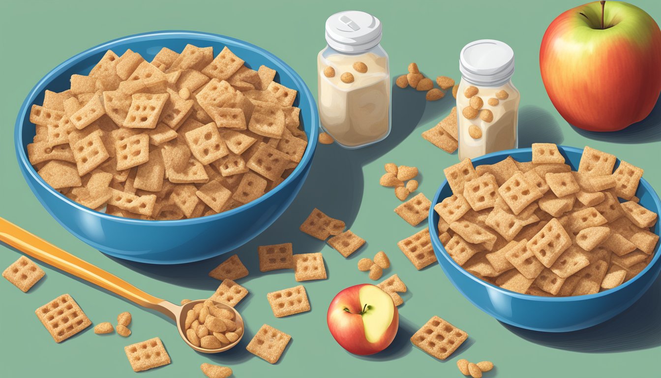 A bowl of Cinnamon Toast Crunch and Kellogg's Apple Jacks with nutrition labels and a pair of measuring spoons