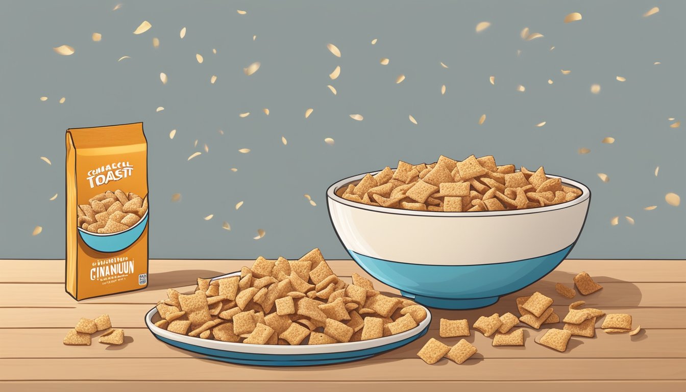 A bowl of Cinnamon Toast Crunch and Crispix side by side, surrounded by scattered cereal pieces on a wooden table