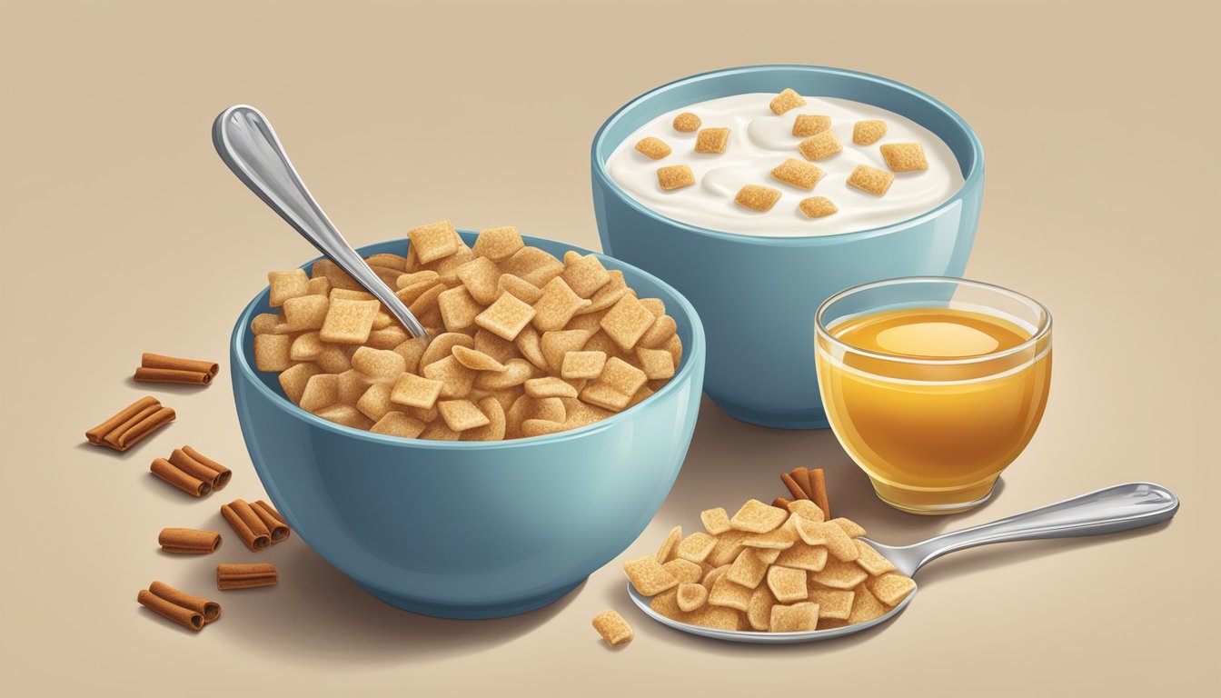 A bowl of Cinnamon Toast Crunch and Honey Smacks side by side, surrounded by milk and a spoon