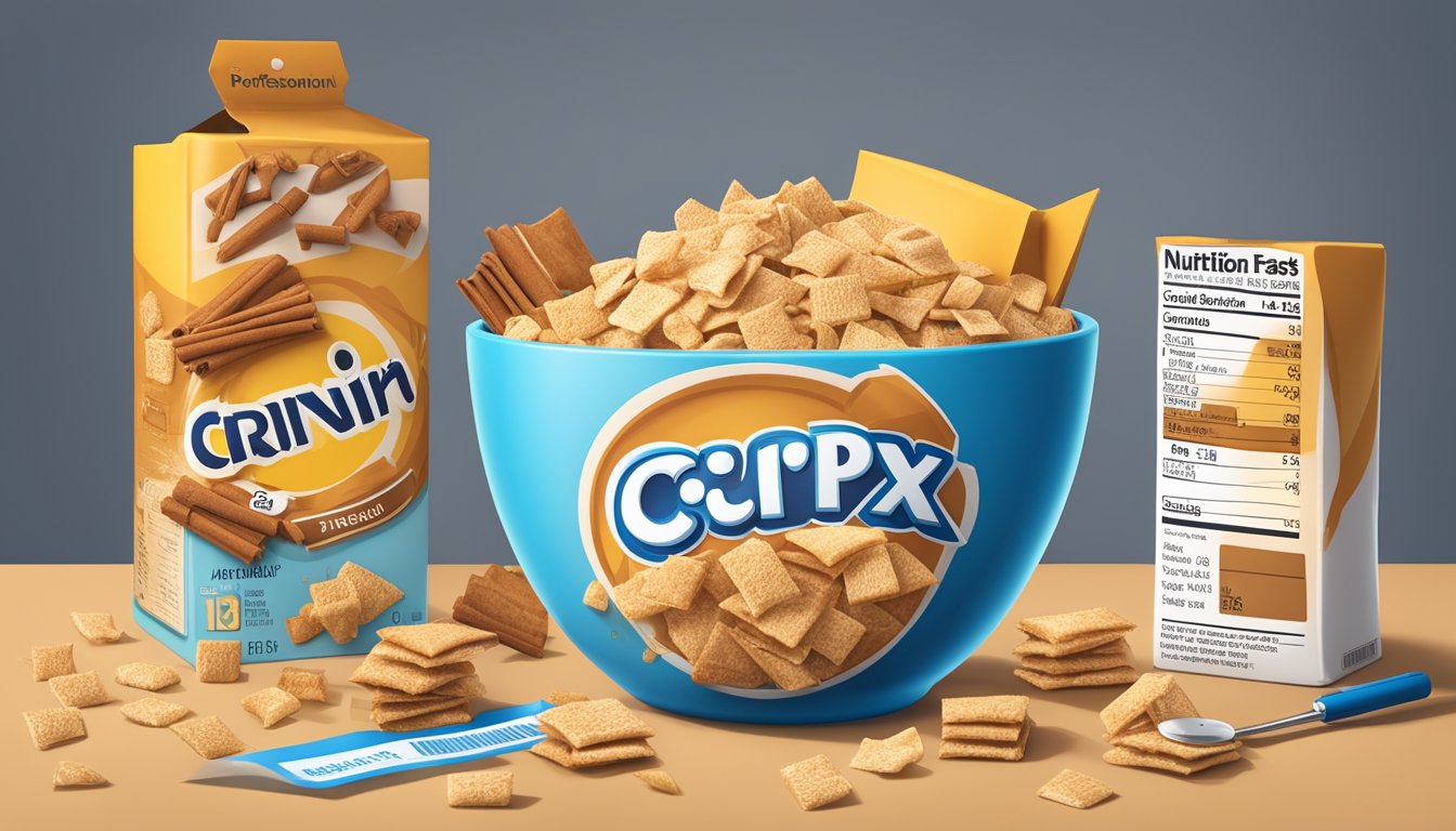 A bowl of cinnamon toast crunch and crispix cereal boxes surrounded by a tape measure, apple, and nutrition label