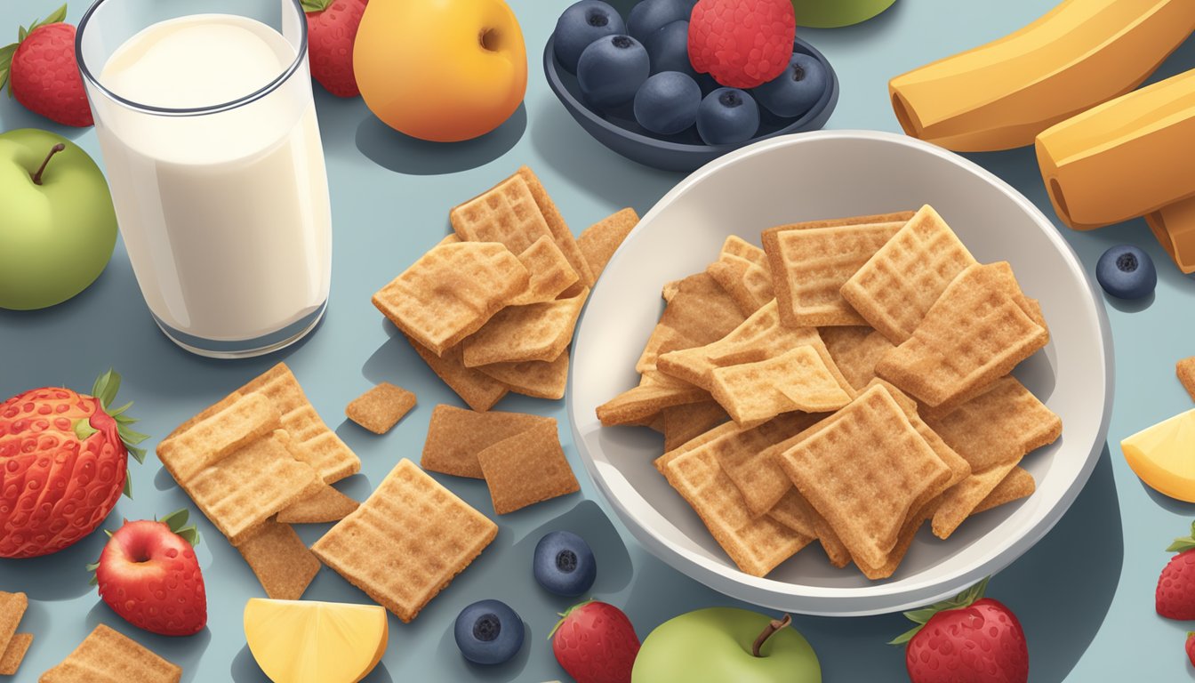 A bowl of Cinnamon Toast Crunch and a bowl of Crispix sit side by side on a table, surrounded by a variety of fresh fruits and a glass of milk