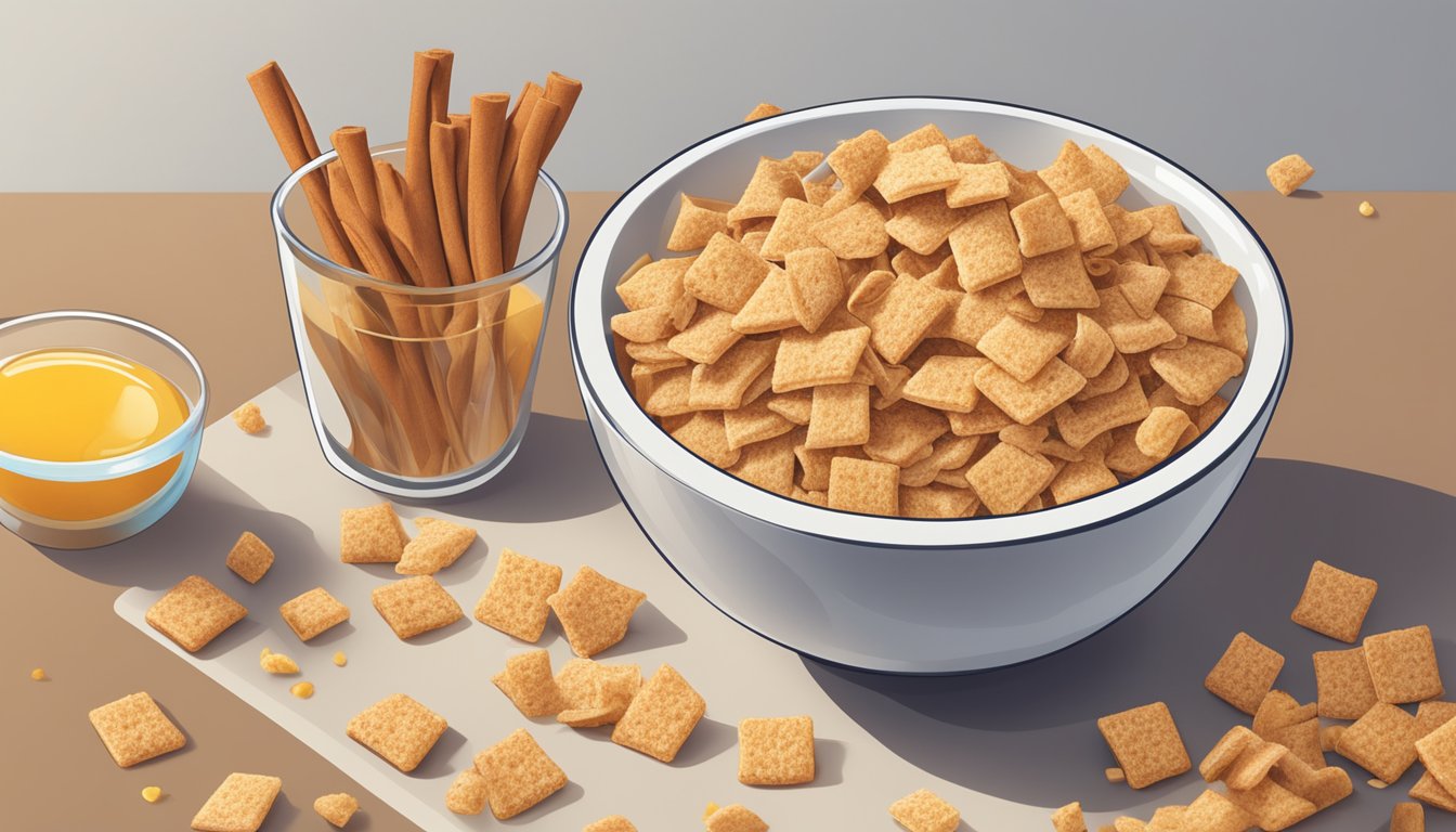 A bowl of Cinnamon Toast Crunch and Honey Smacks next to each other, surrounded by scattered cereal pieces. A nutrition label and measuring cup sit nearby