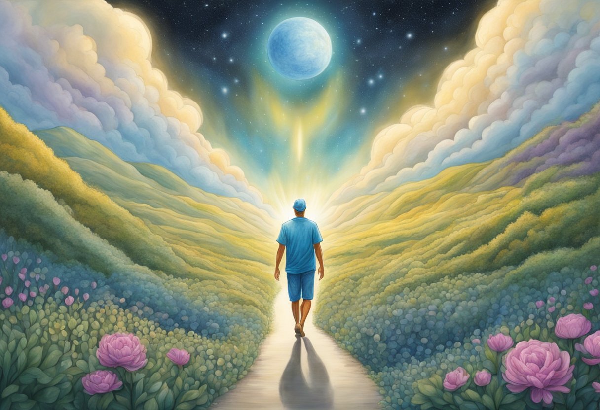 Digital artwork of a man walking down a path between lush, green foliage, transitioning into clouds, transitioning into the night sky with the moon. Fantasy.