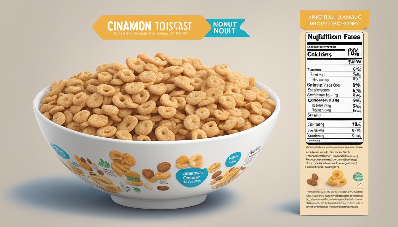 A bowl of cinnamon toast crunch and honey nut cheerios surrounded by nutritional information labels