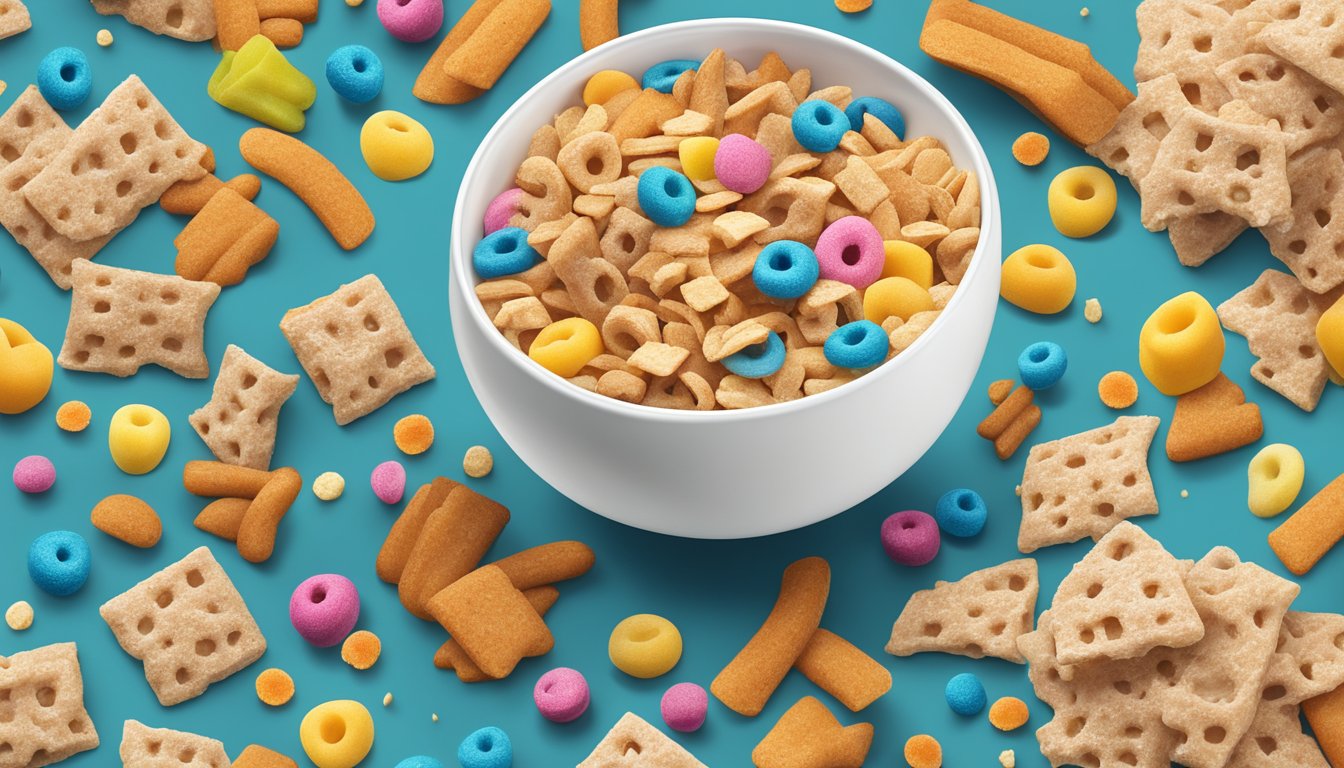 A bowl of Cinnamon Toast Crunch and Kellogg's Froot Loops side by side, surrounded by scattered cereal pieces and milk splashes