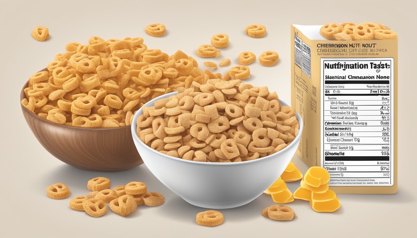 A bowl of cinnamon toast crunch and honey nut cheerios surrounded by nutritional information labels and a measuring tape