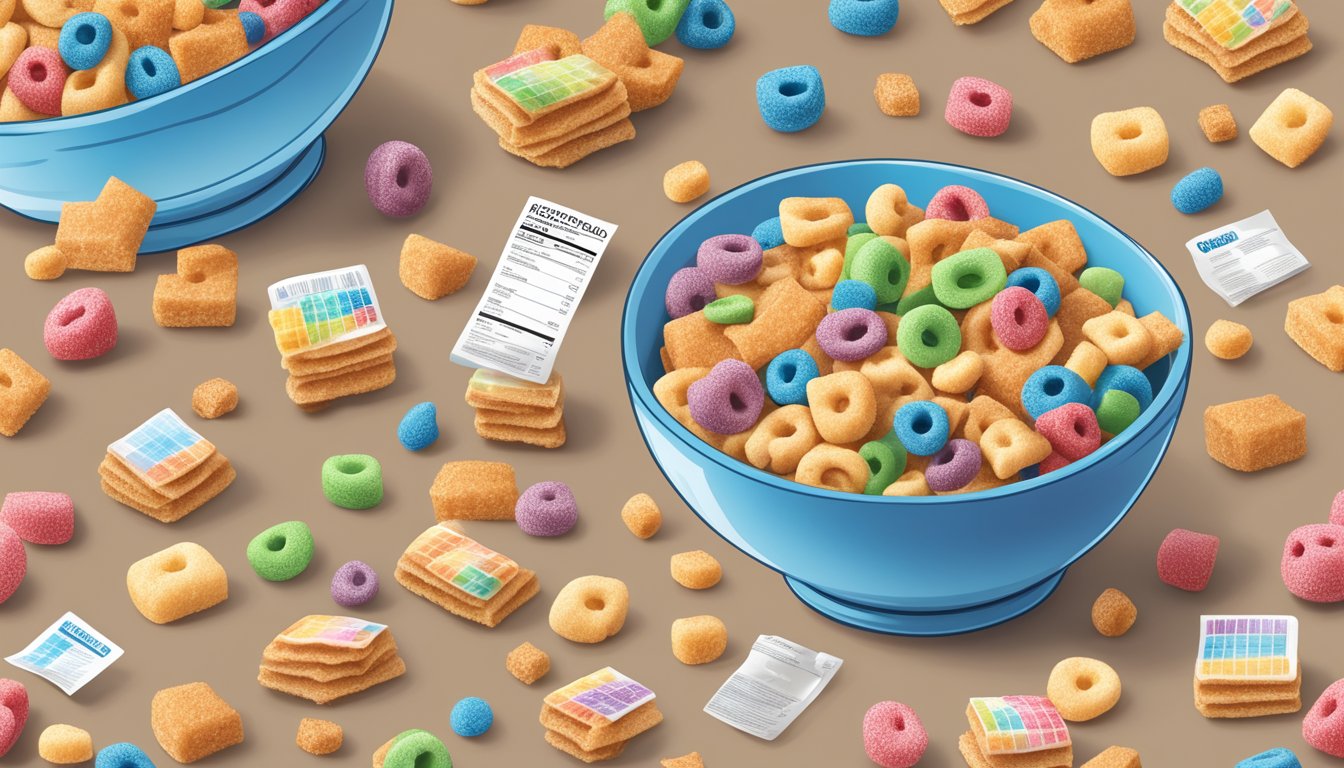 A bowl of Cinnamon Toast Crunch and Froot Loops next to each other with nutritional labels displayed