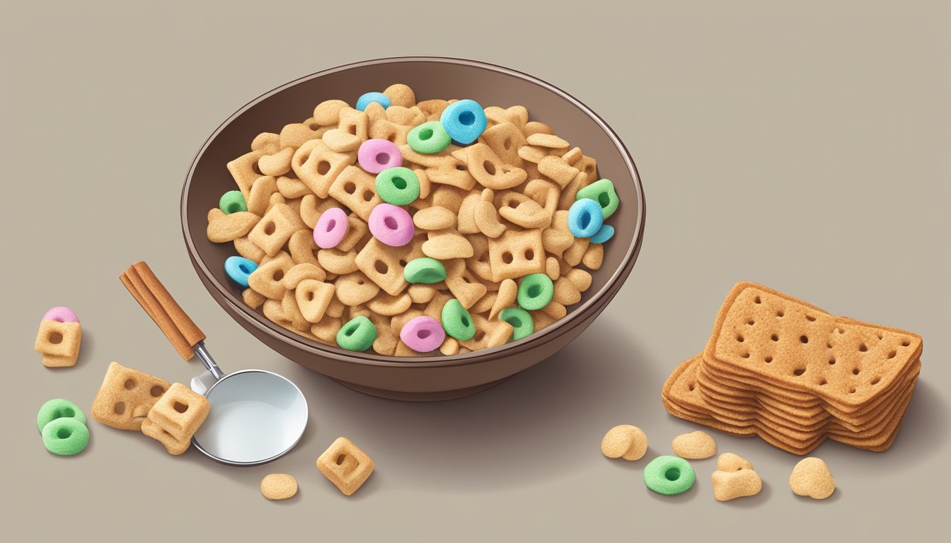 A bowl of cinnamon toast crunch and lucky charms side by side, with a magnifying glass and nutrition labels next to them for comparison