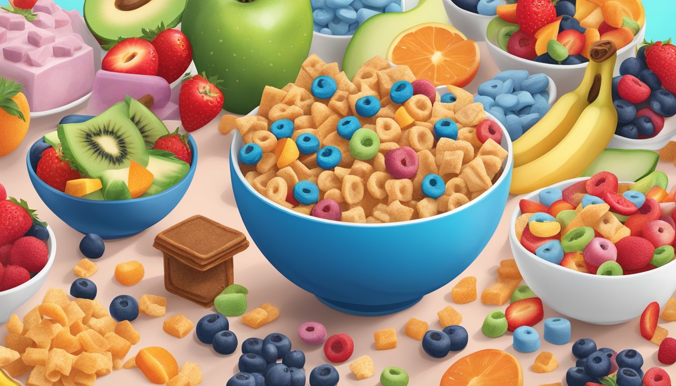 A bowl of Cinnamon Toast Crunch and Kellogg's Froot Loops side by side, surrounded by images of healthy food options like fruits and vegetables