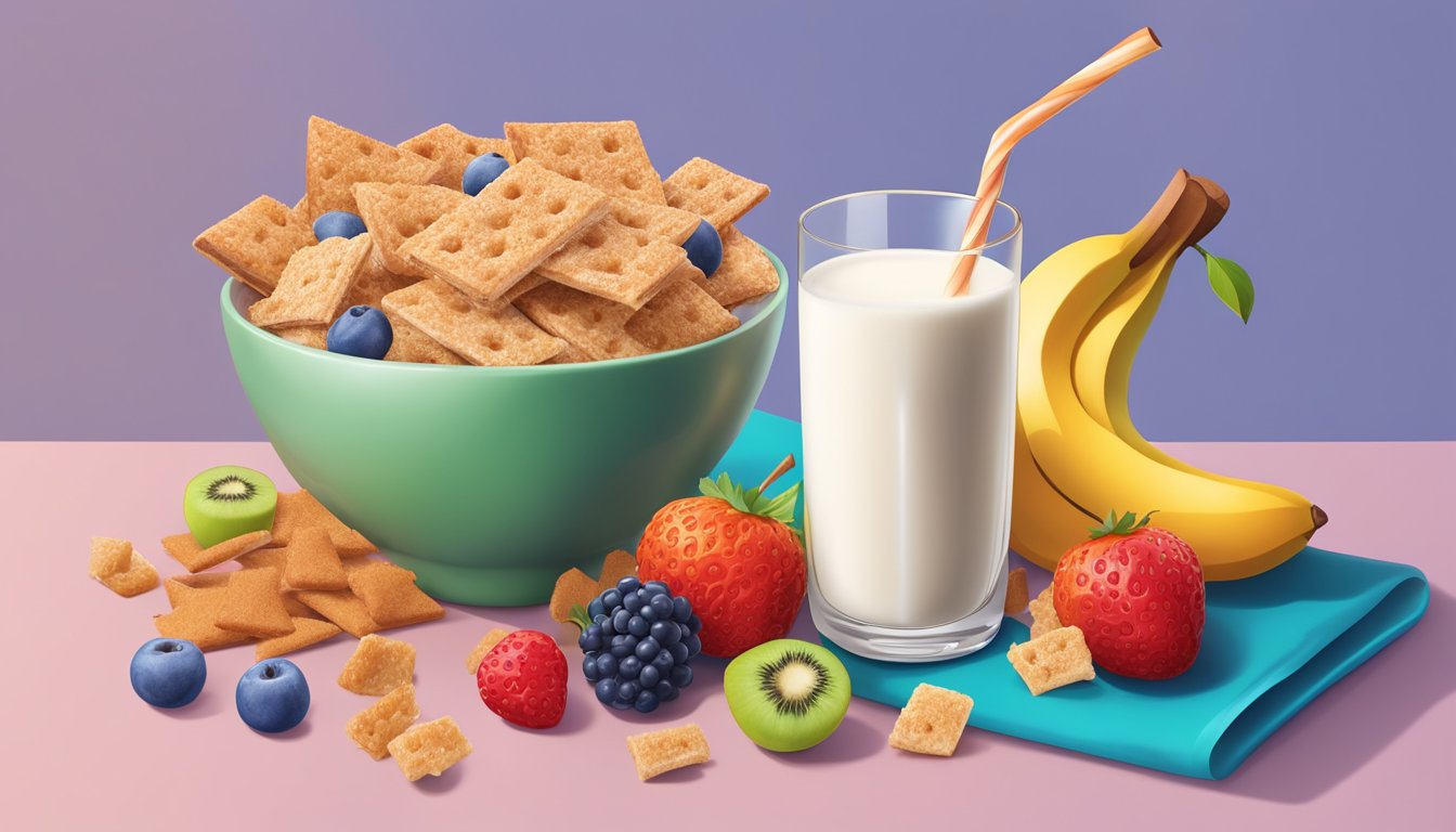 A bowl of Cinnamon Toast Crunch and Kaboom cereals side by side, surrounded by a variety of colorful fruits and a glass of milk