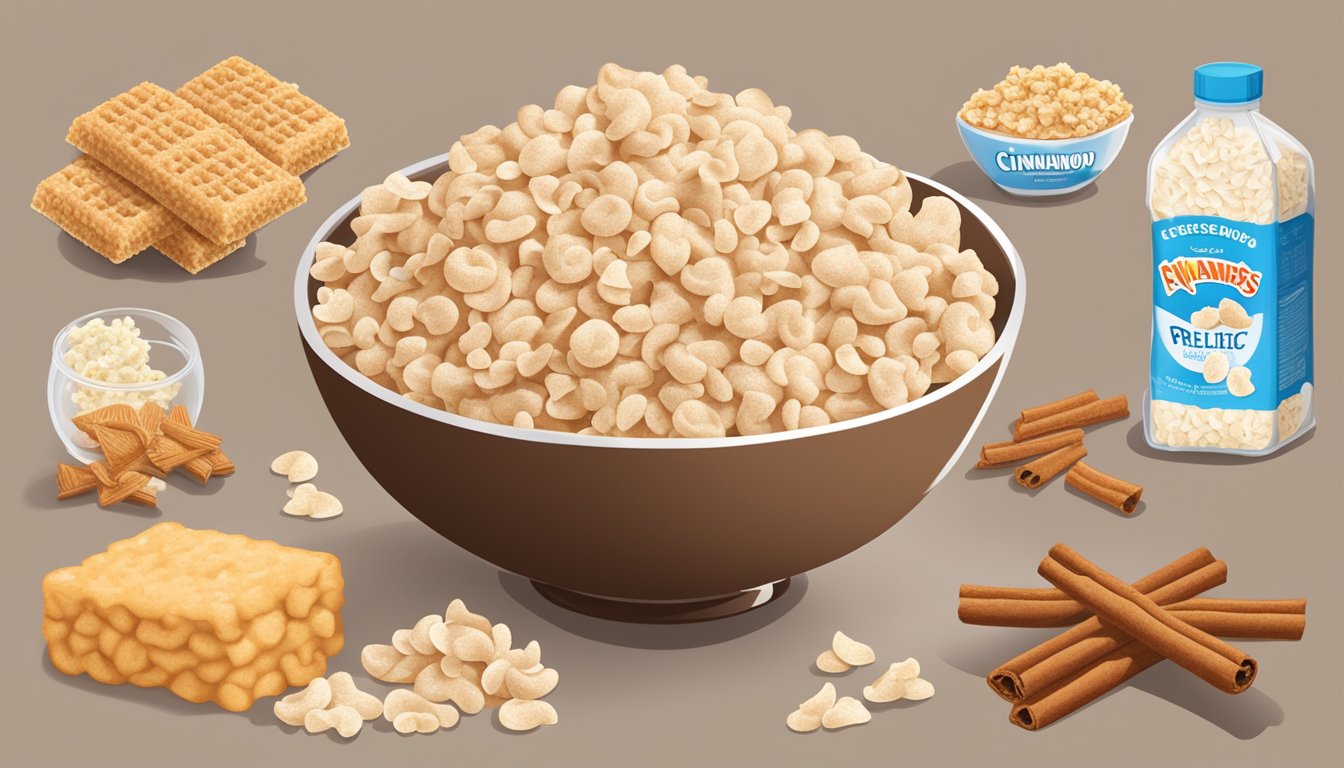 A bowl of cinnamon toast crunch and a bowl of rice krispies surrounded by various ingredients and nutritional labels