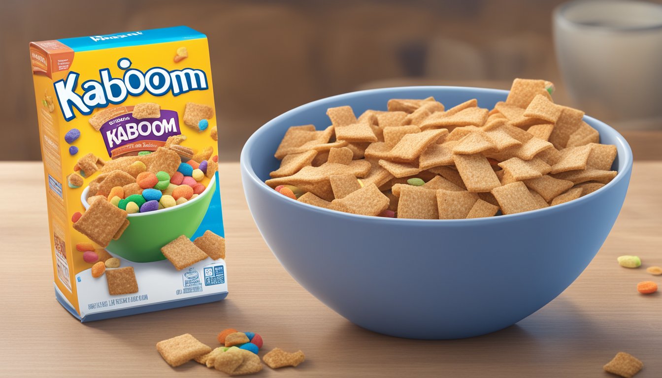 A bowl of cinnamon toast crunch sits next to a bowl of kaboom cereal. Nutritional labels are visible on the boxes