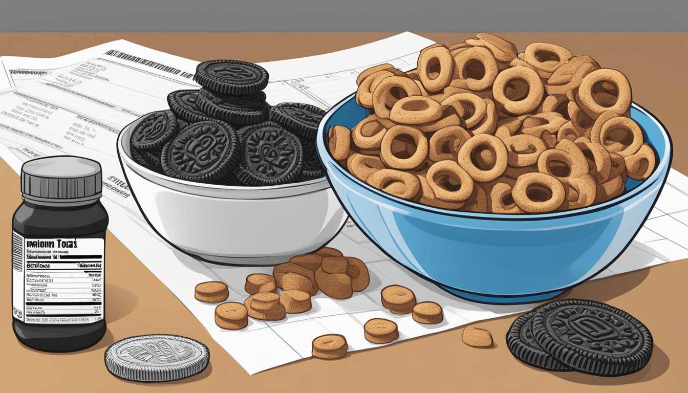 A bowl of Cinnamon Toast Crunch and Oreo O's side by side, with a measuring tape and nutritional information chart in the background