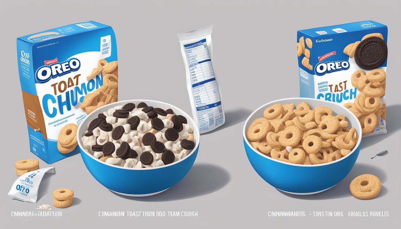 A bowl of Cinnamon Toast Crunch and Oreo O's side by side, with a measuring tape and nutrition labels nearby