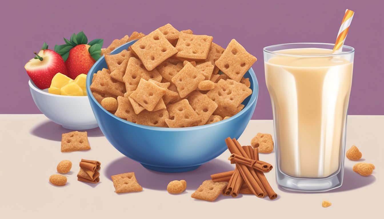 A bowl of cinnamon toast crunch and kaboom cereal next to each other, surrounded by fresh fruit and a glass of milk