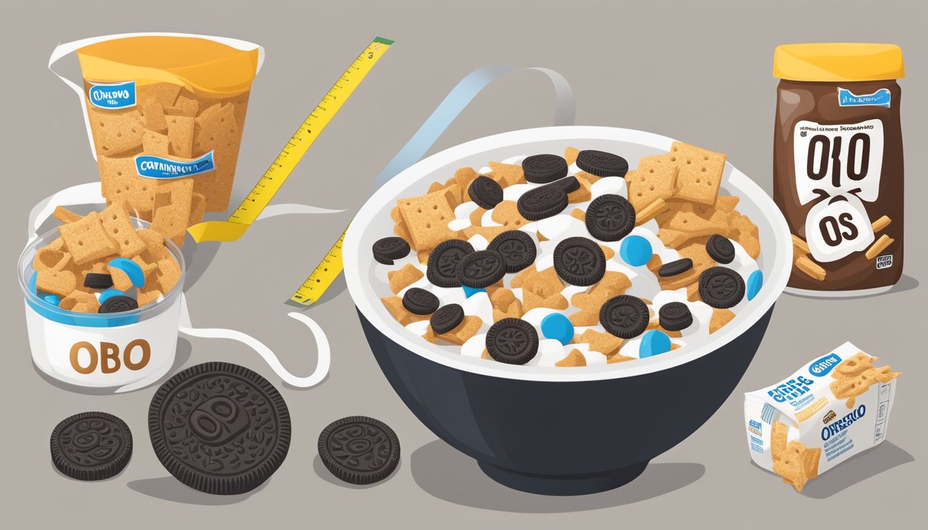 A bowl of Cinnamon Toast Crunch and Oreo O's side by side, surrounded by nutritional information labels and a measuring tape