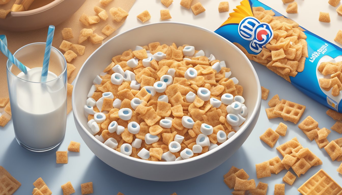 A bowl of Cinnamon Toast Crunch and Kaboom cereal next to a glass of milk, surrounded by scattered cereal pieces on a kitchen table