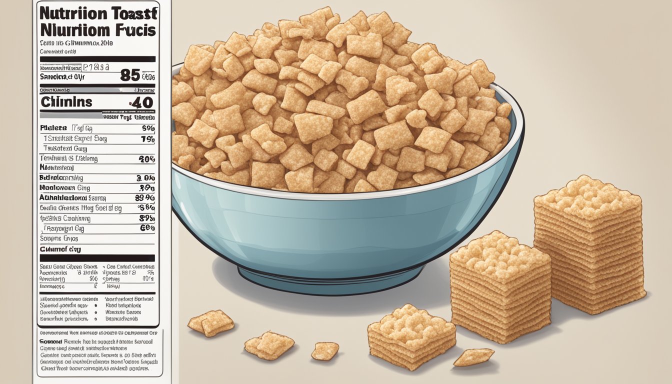 A bowl of cinnamon toast crunch and rice krispies with nutritional information displayed next to them